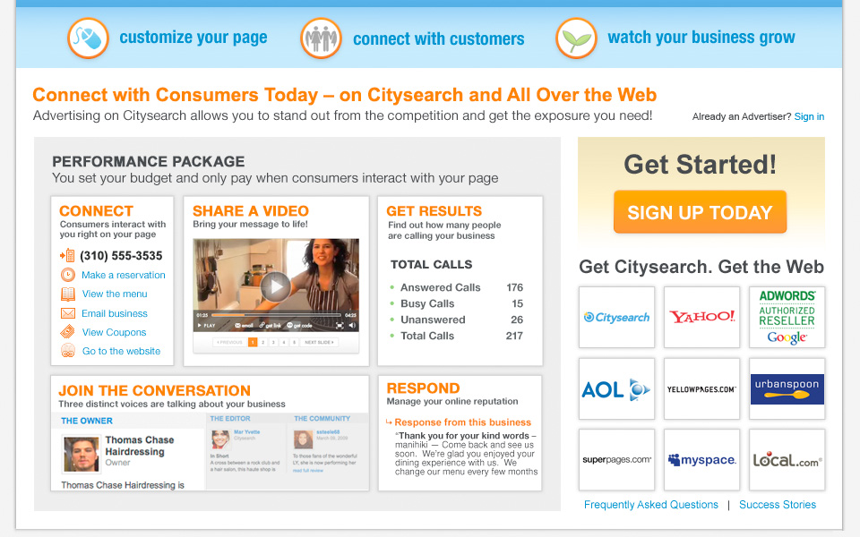 Advertiser landing page with four modules: Connect, Share a Video, Get Results, Respond, and a Get Started call to action.