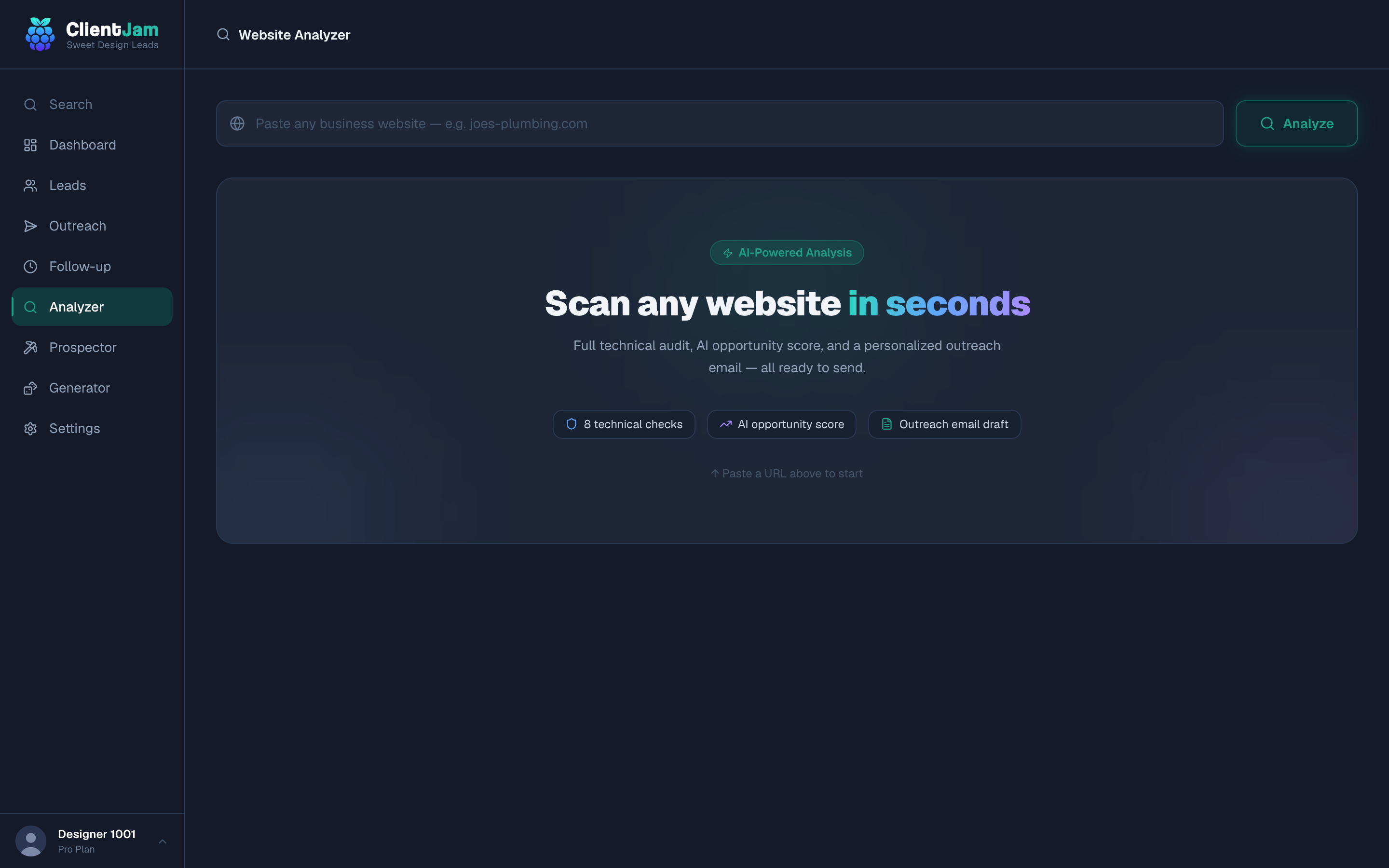 Website Analyzer empty state: Scan any website in seconds, with chips for 8 technical checks, AI opportunity score and outreach email draft.