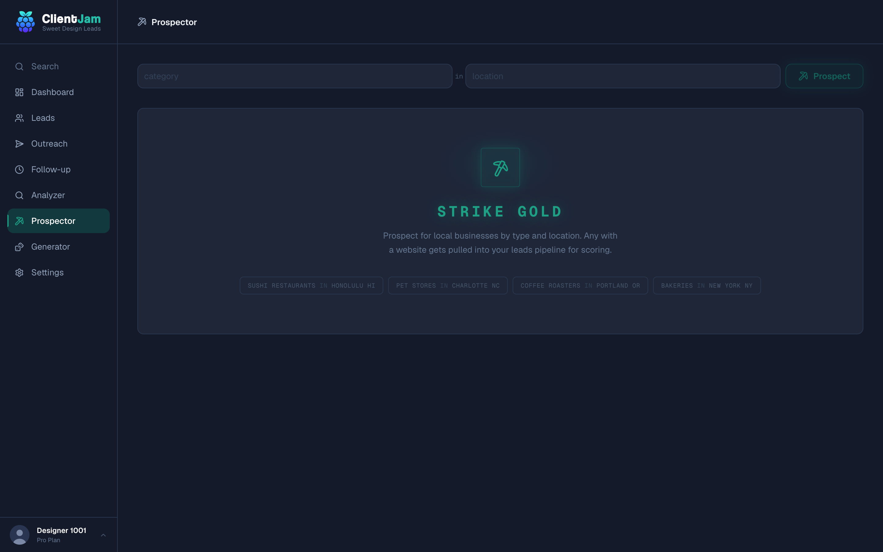 Prospector empty state: Strike gold, with example searches like photographers in Saint Louis MO.