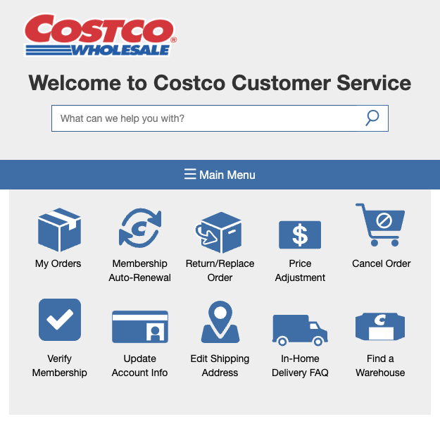 Costco Customer Service home: a search field, a Main Menu bar, and a ten-icon grid of tasks such as My Orders, Return/Replace Order, Price Adjustment and Cancel Order.