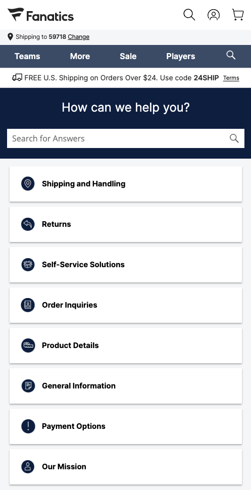 Fanatics help page on mobile: How can we help you? with a Search for Answers field above a list of topic cards such as Shipping and Handling, Returns and Order Inquiries.