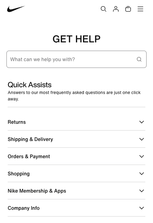 Nike Get Help page on mobile: a single search field, then Quick Assists — an accordion list of Returns, Shipping & Delivery, Orders & Payment and more.