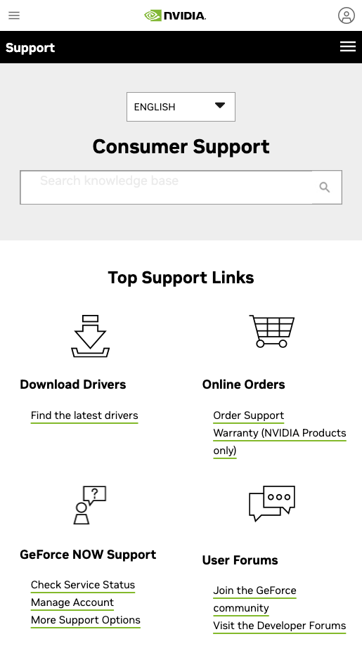 NVIDIA Consumer Support on mobile: language selector and knowledge-base search, then Top Support Links grouped under icons for drivers, orders, GeForce NOW and forums.