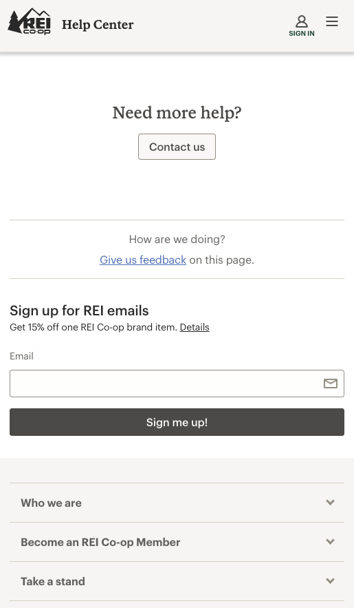 REI Help Center footer on mobile: Need more help? with a Contact us button, a How are we doing? feedback link, and an email sign-up.