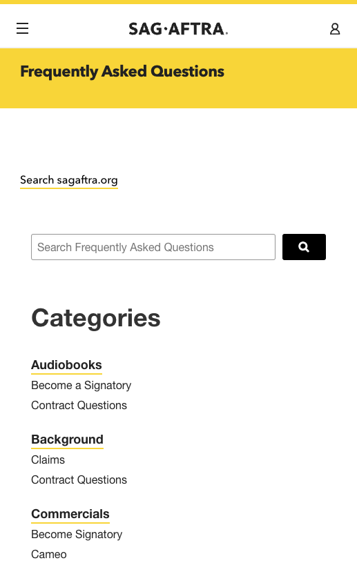 SAG-AFTRA Frequently Asked Questions on mobile: FAQ search with a button, then categories such as Audiobooks, Background and Commercials with their questions listed beneath.