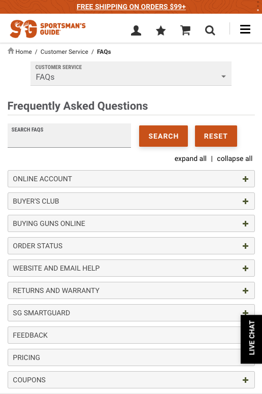 Sportsman's Guide FAQ page on mobile: FAQ search with Search and Reset, expand all and collapse all controls, a list of collapsible topics, and a Live Chat tab.