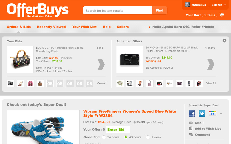 Signed-in member view: a Your Bids and Accepted Offers tray appears above the Super Deal.