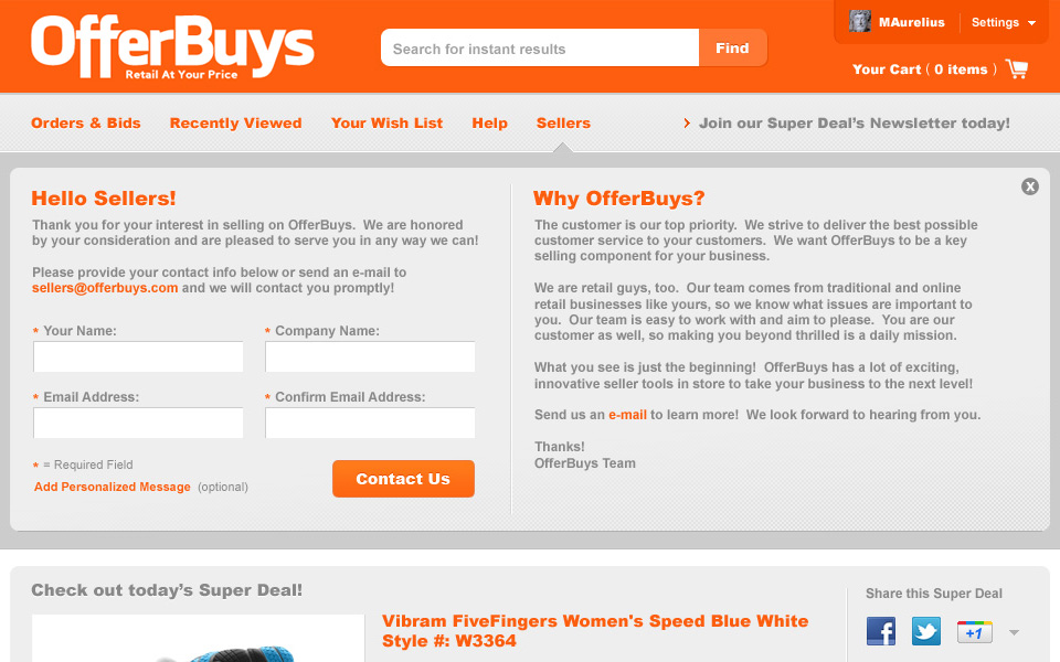 Hello Sellers panel with a seller contact form beside a Why OfferBuys explanation.