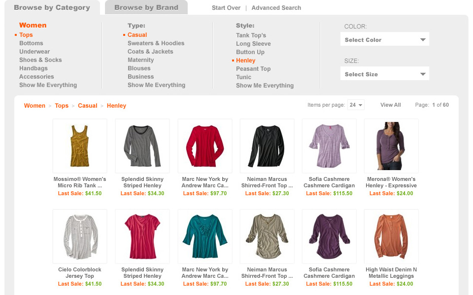 Category browse: department, type and style columns with color and size selectors, breadcrumb trail and a 6-column product grid showing last sale prices.