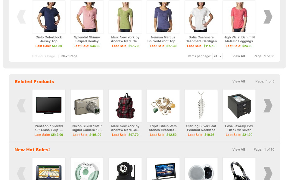 Product carousels for related products and new hot sales with paging controls.
