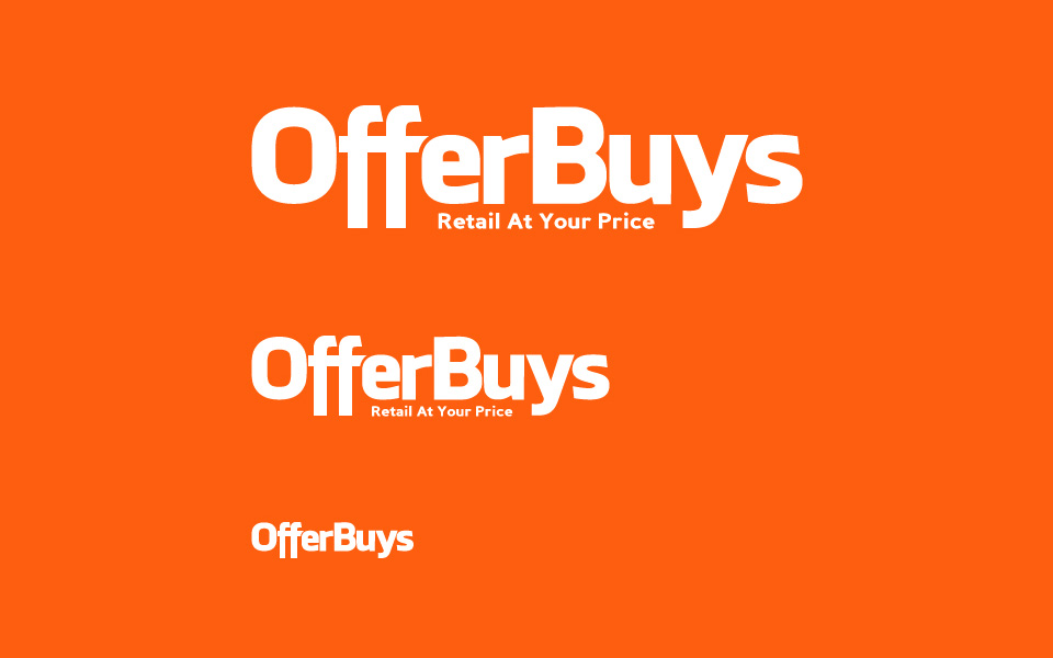 OfferBuys wordmark lockups reversed out in white on brand orange, at three sizes.