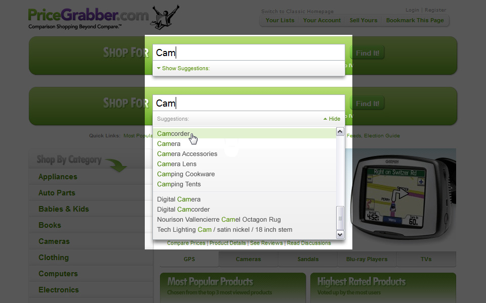 The search field shown twice: a collapsed hint state, and an expanded suggestion list grouped into categories and products.