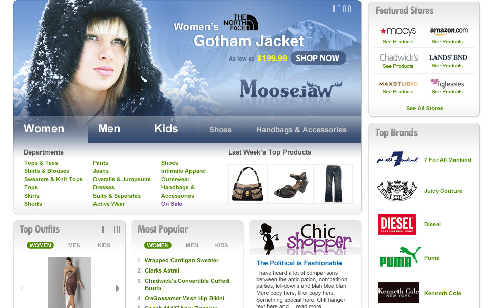 Clothing landing page with department tabs.