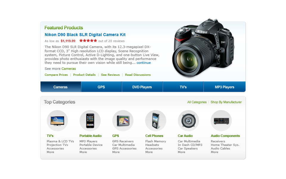Featured product module and top categories.