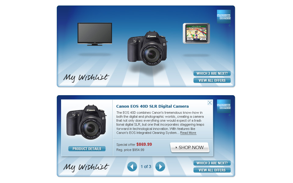 My Wishlist module, collapsed and expanded with a Canon EOS 40D offer.