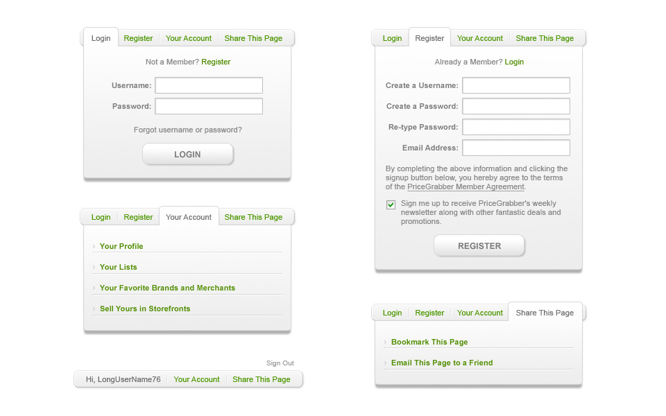 Account utility tabs in each state: login, register, account and share.