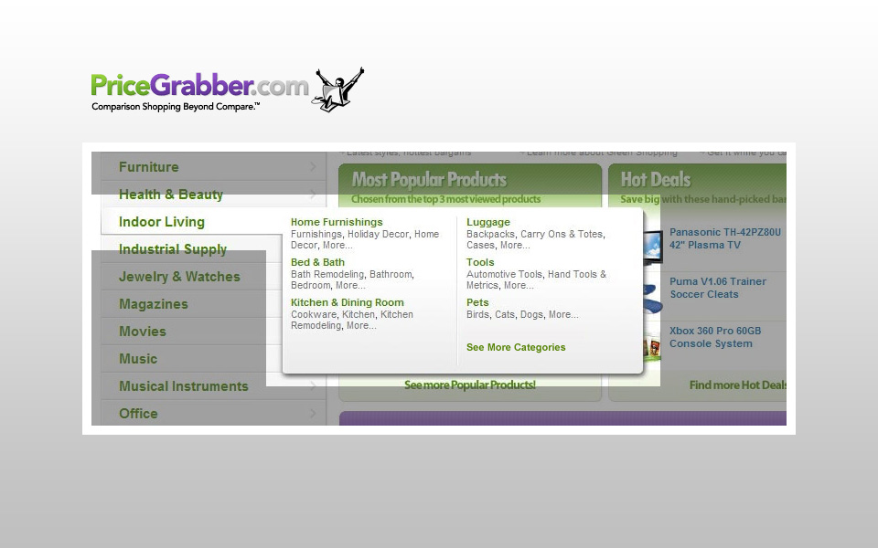 Shop by Category flyout with the Indoor Living subcategories expanded.