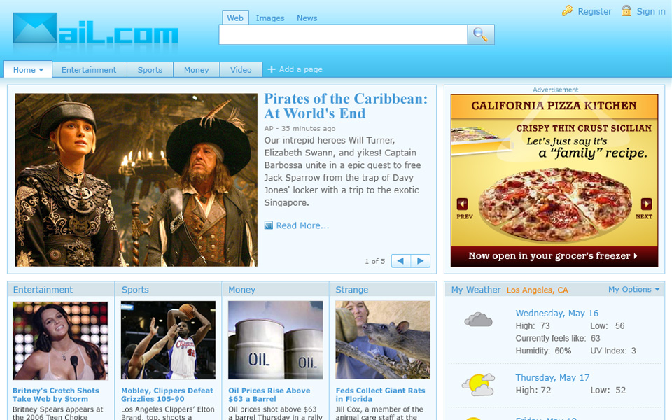 Personalized portal homepage with search, news carousel, category tiles and weather.